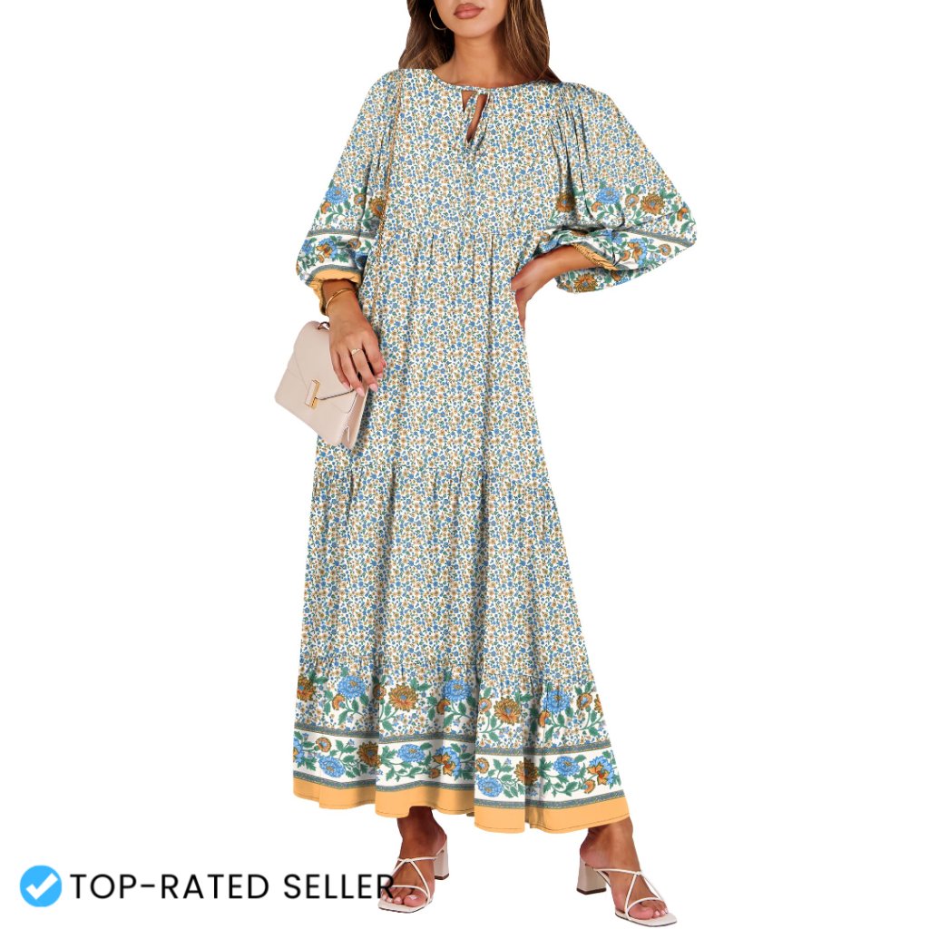 Boho Maxi Dress Flowy Swing V Neck Puff Sleeve Casual Elegant Summer